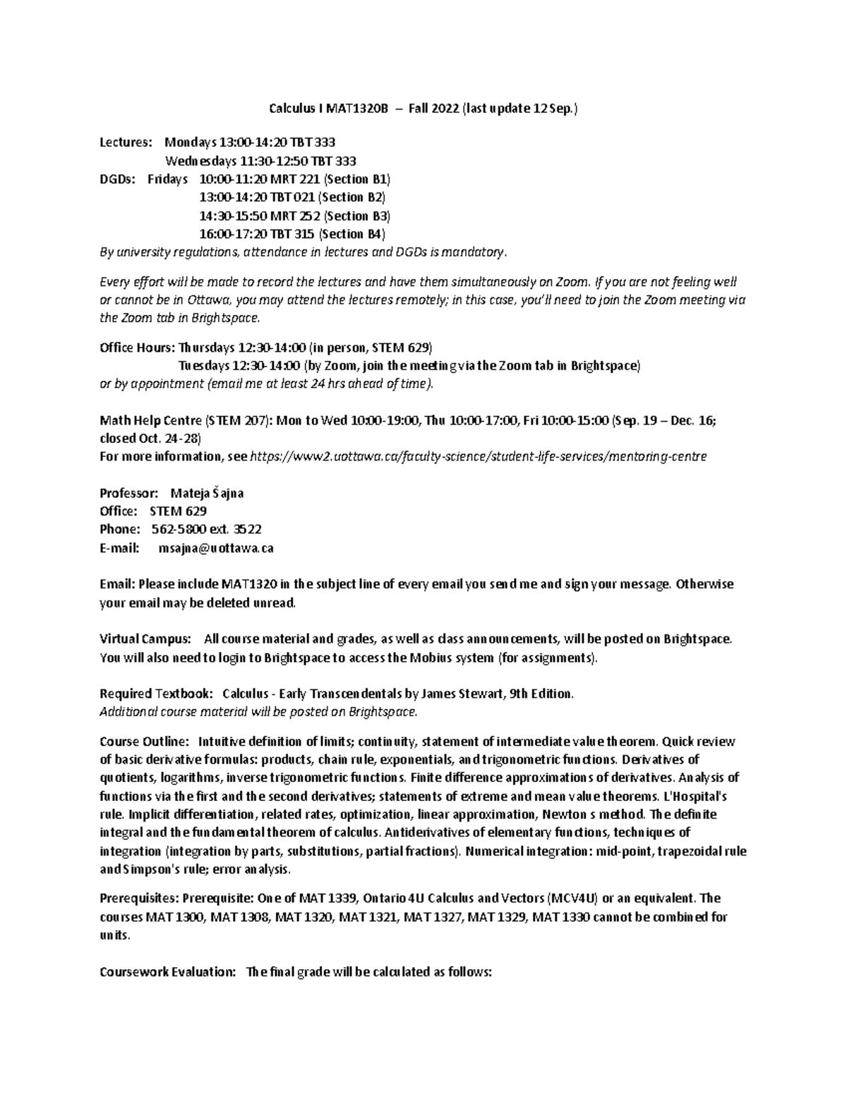 MAT1320 B-syllabus - syllabus - Calculus I MAT1320B – Fall 2022 (last ...