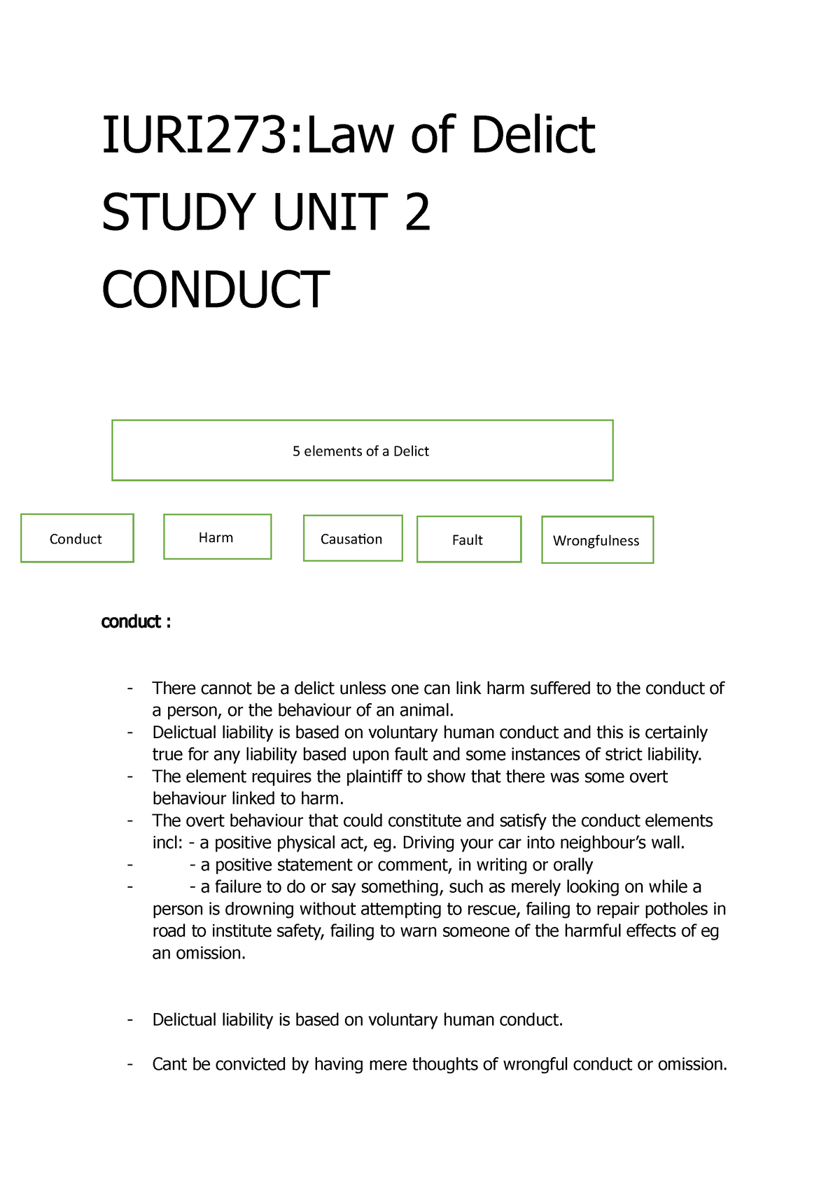 IURI273- Law Of Delict SU2 - IURI273:Law Of Delict STUDY UNIT 2 CONDUCT ...