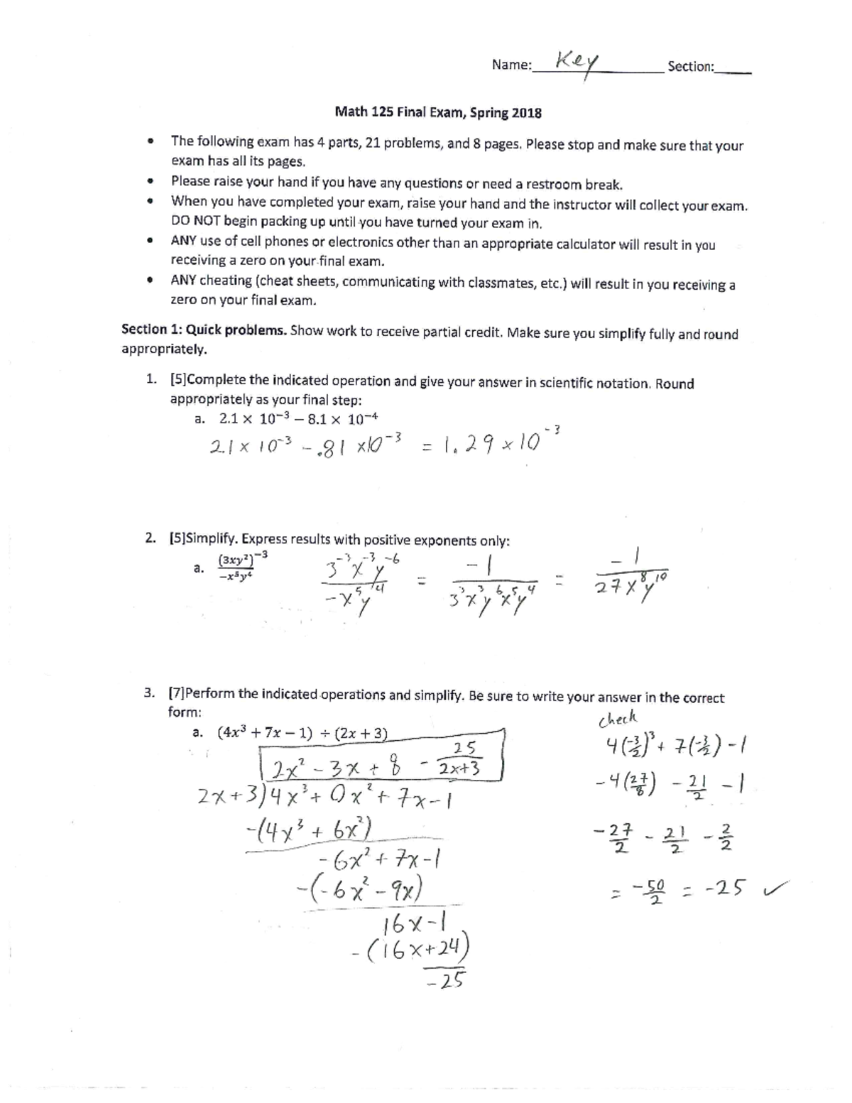 Math 125 Spring 2018 Final Exam Answer Key - Engineering Mathematics ...