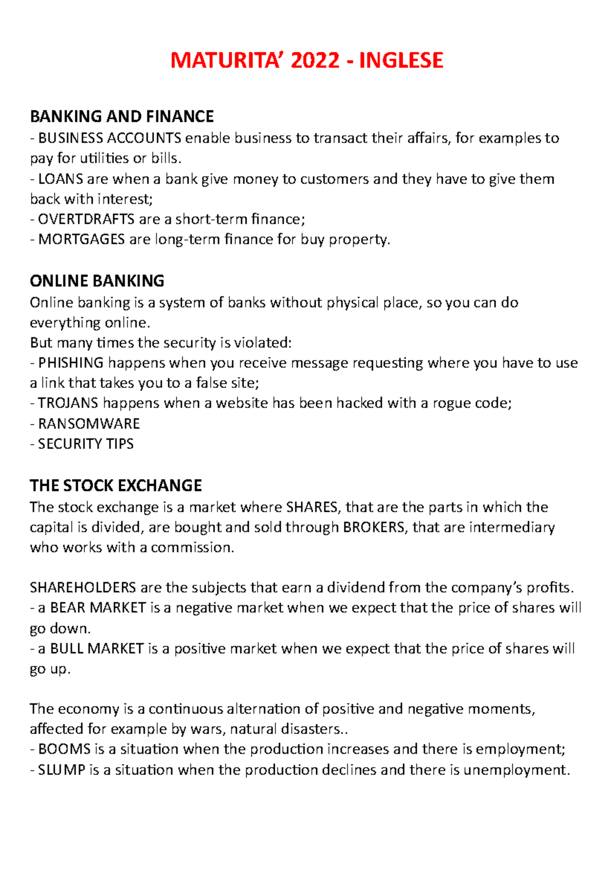 MAT. Inglese approfondito MATURITA’ 2022 INGLESE BANKING AND