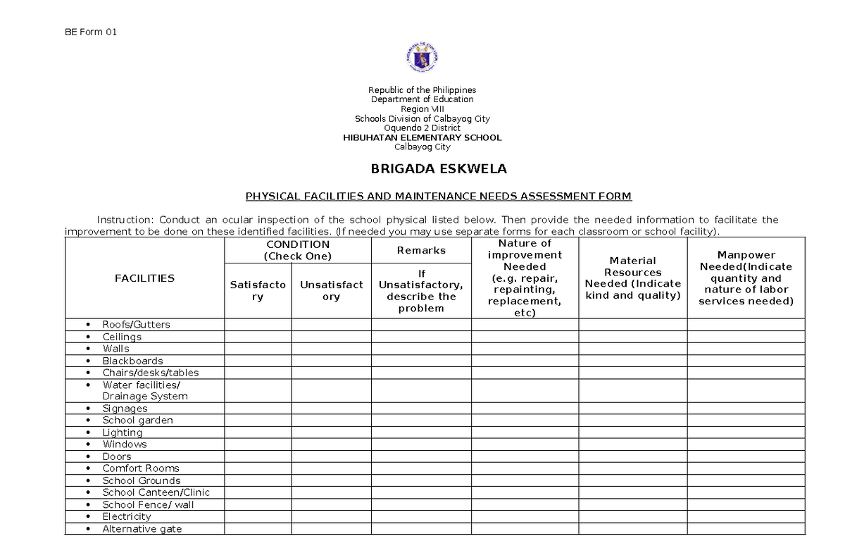 BE Form 1 Physical Facilities AND Maintenance Needs Assessment FORM ...