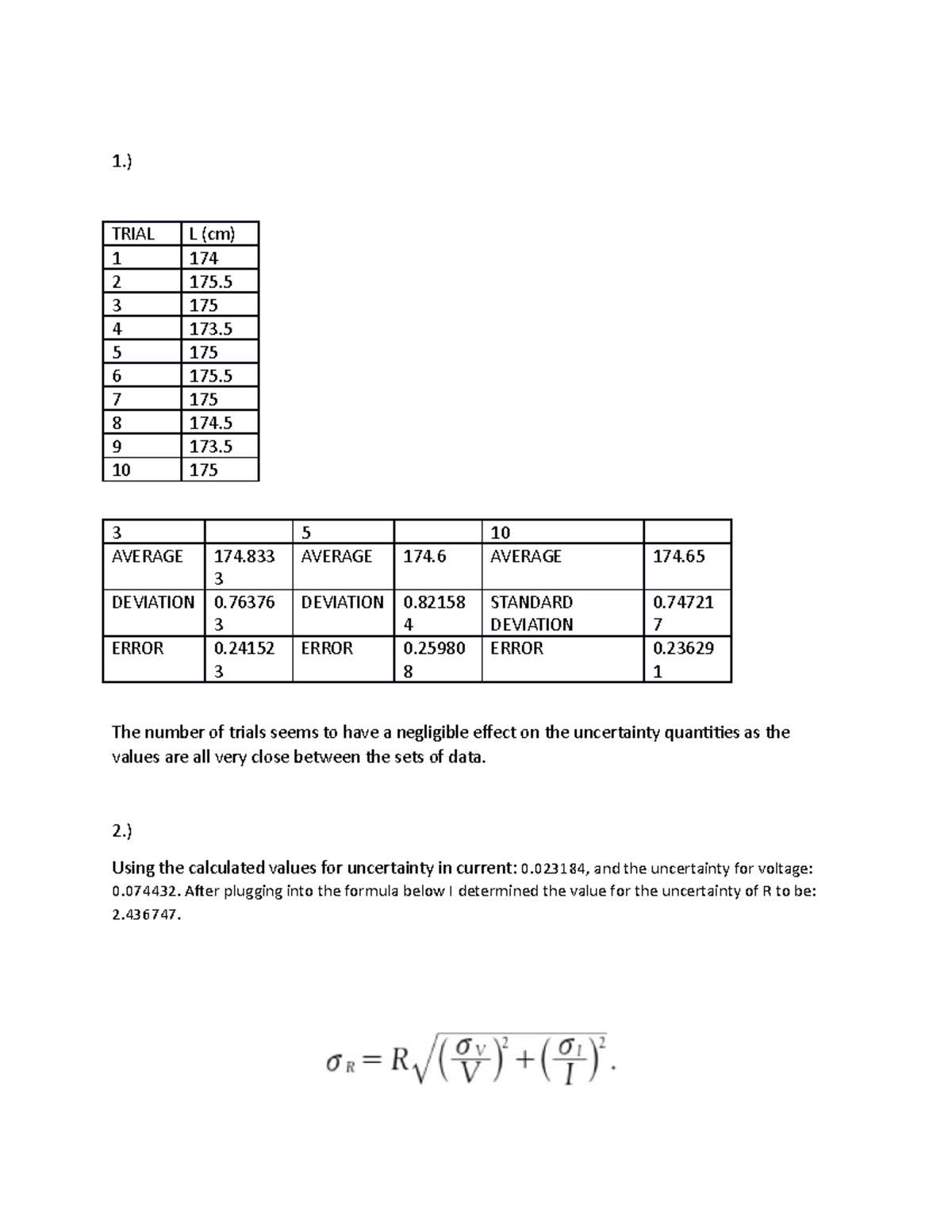 EC0 Propagation of Errors-Lab report - 1.) 3 5 10 AVERAGE 174. 3 ...