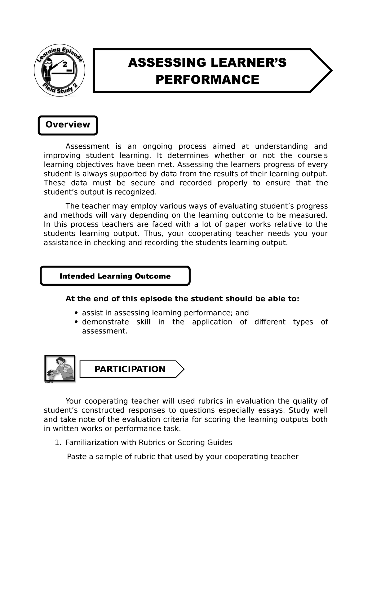 Learning Episode Assignments And Coursework Assessment Is An Ongoing Process Aimed At