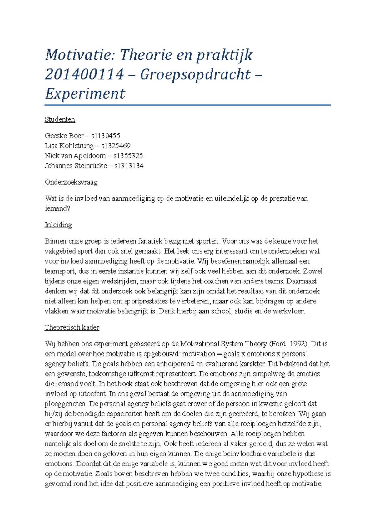 Werkstuk Motivatie Groepsopdracht Met Feedback Cijfer V Motivatie Theorie En Praktijk Studeersnel
