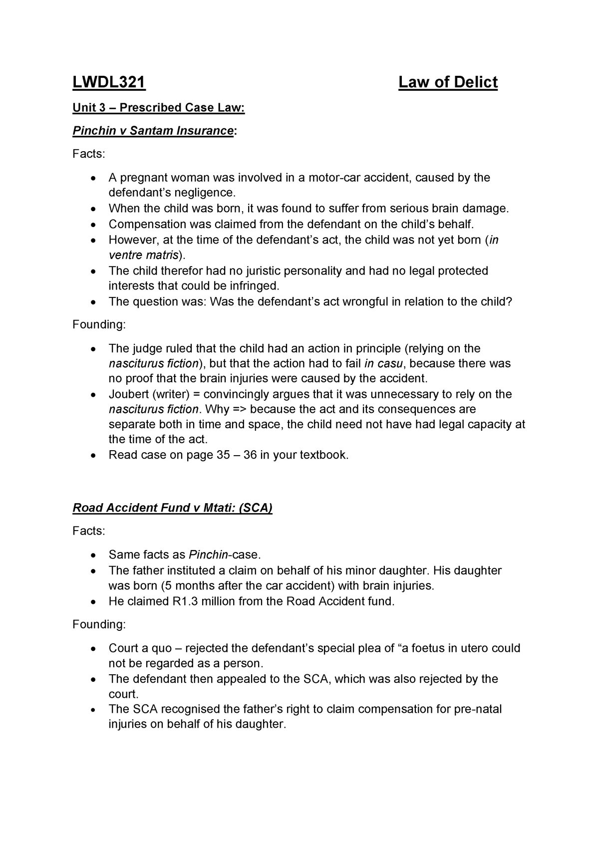 Unit 3 Case Law(case Law Of The Applicable Unit - LWDL321 Law Of Delict ...