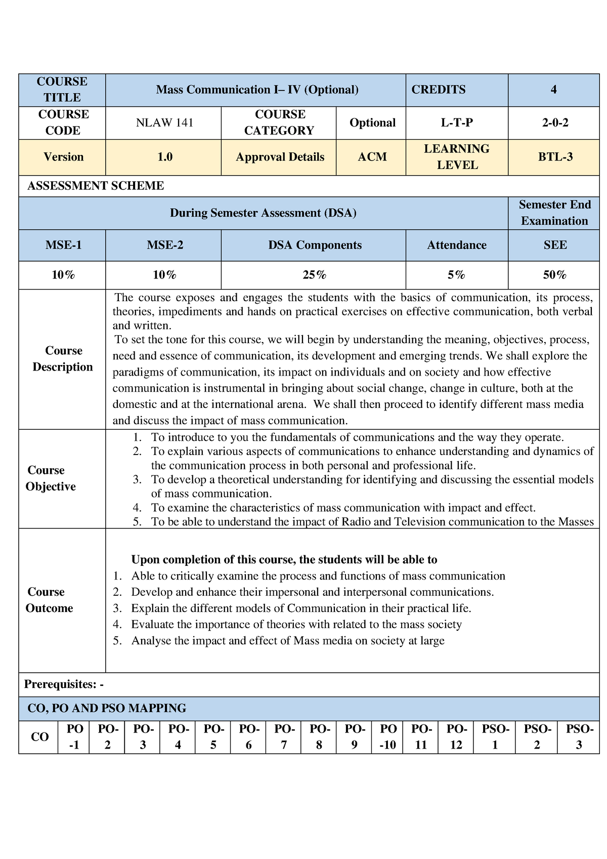 Mass Communication I - COURSE TITLE Mass Communication I– IV (Optional ...