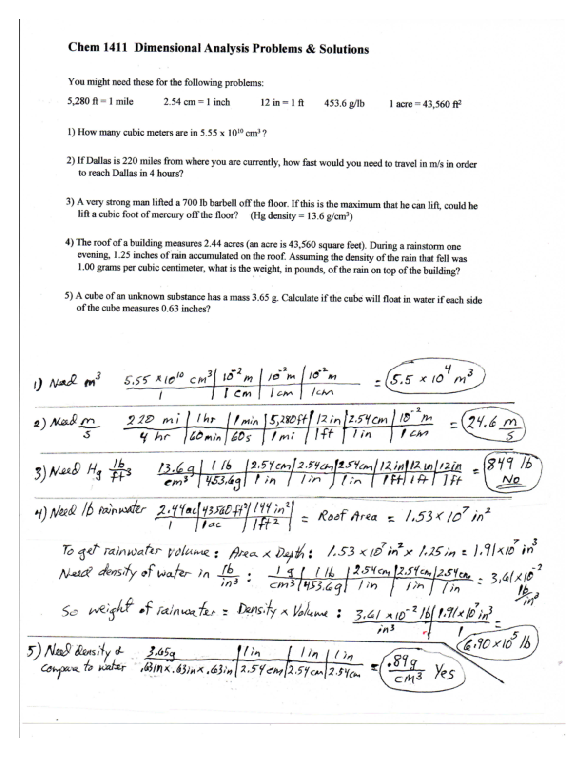 Dimensional Analysis Problems - CHEM 1411 - Studocu