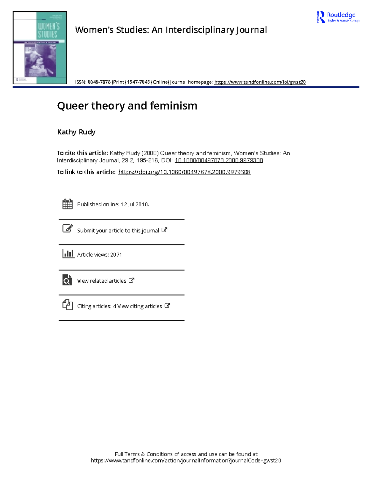 Queer theory and feminism - 1080/00497878. To link to this article: doi ...