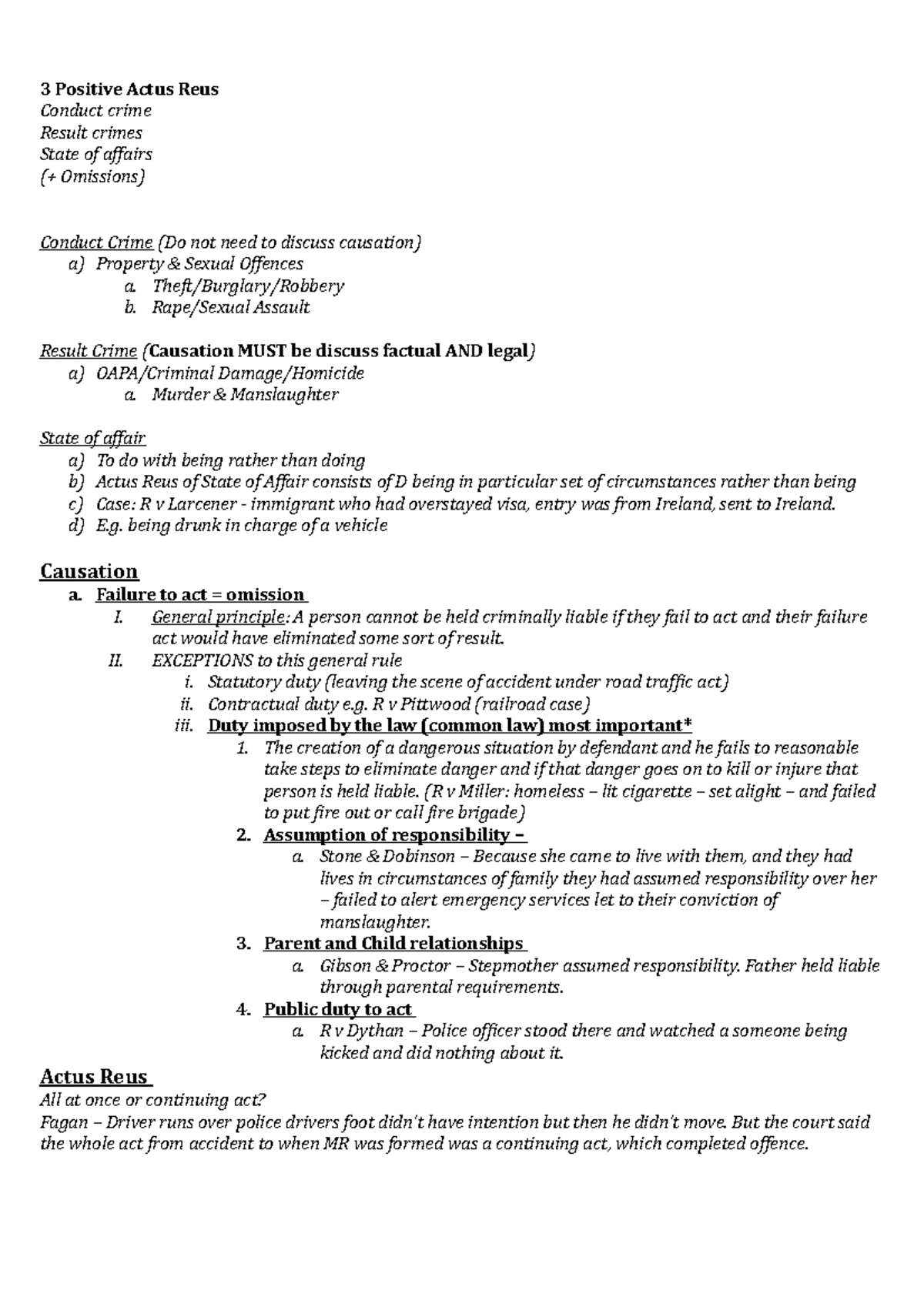 CRIM LAW Revision - 3 Positive Actus Reus Conduct crime Result crimes ...