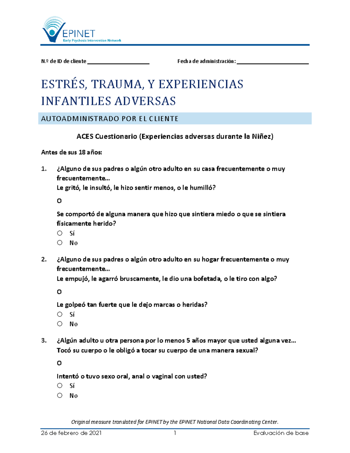 ACEScuestionario experiencias adversas Original measure translated