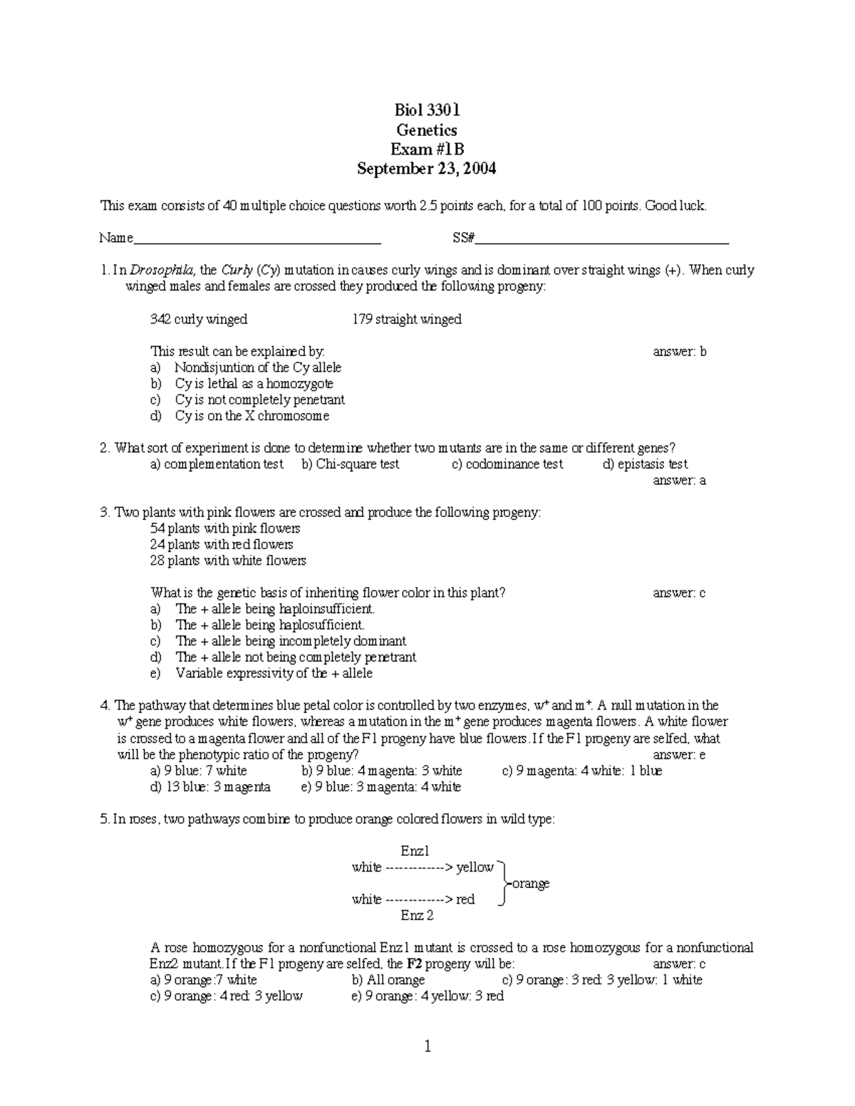 Exam1b Key - Genetics - Biol 3301 Genetics Exam #1B September 23, 2004 ...