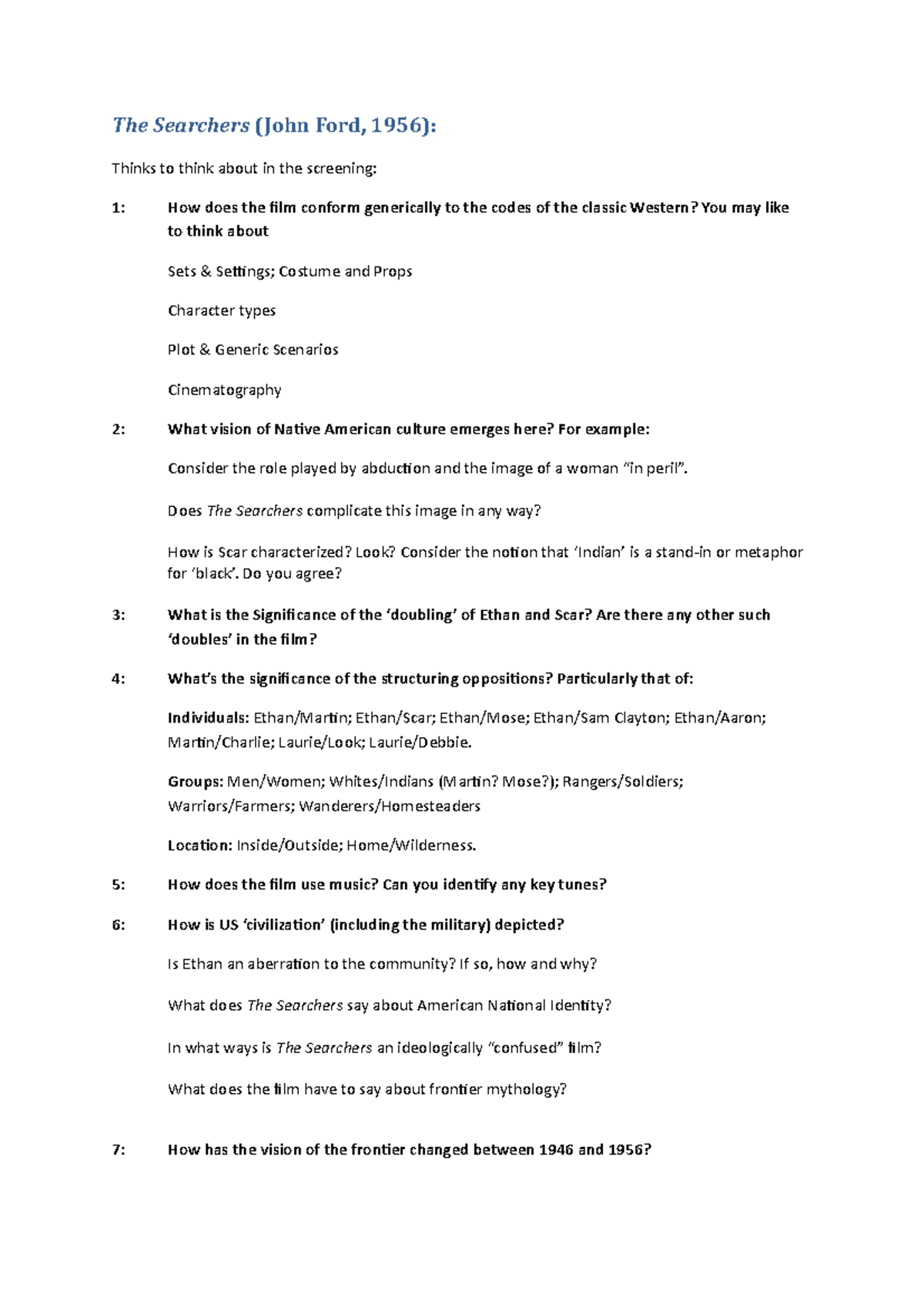 The Searchers Screening Seminar Worksheet - The Searchers (John Ford ...