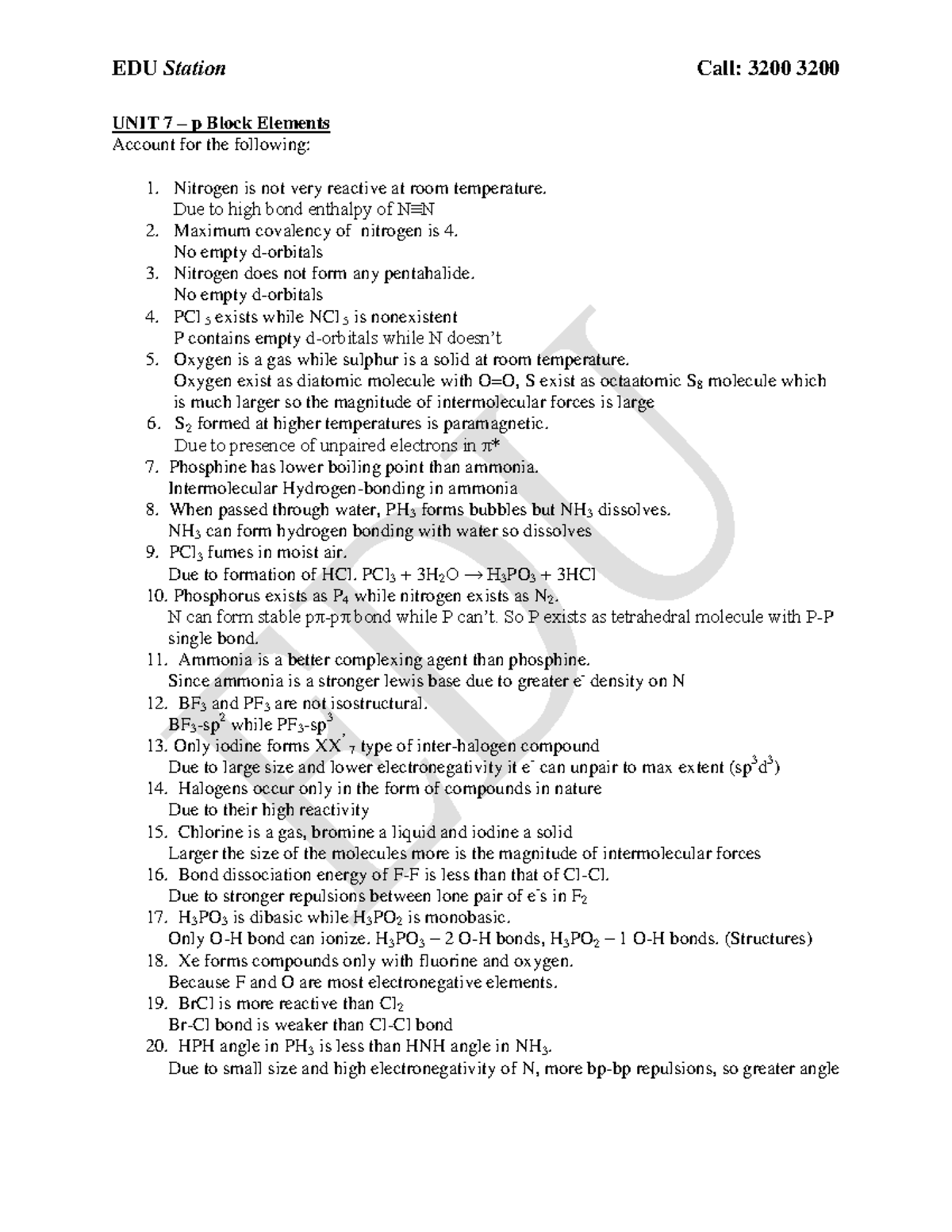 Pd reasoning questions answers UNIT 7 p Block Elements Account for