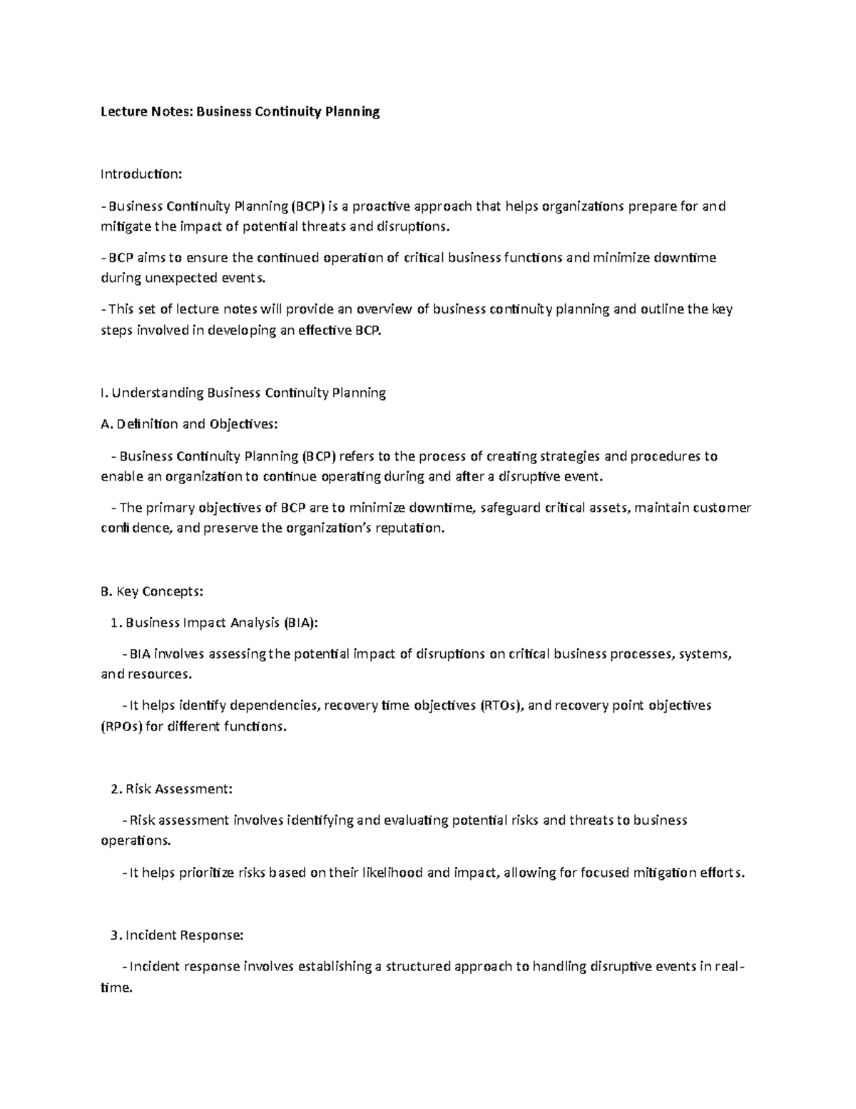 Lecture Notes Business Continuity Planning Lecture Notes Business
