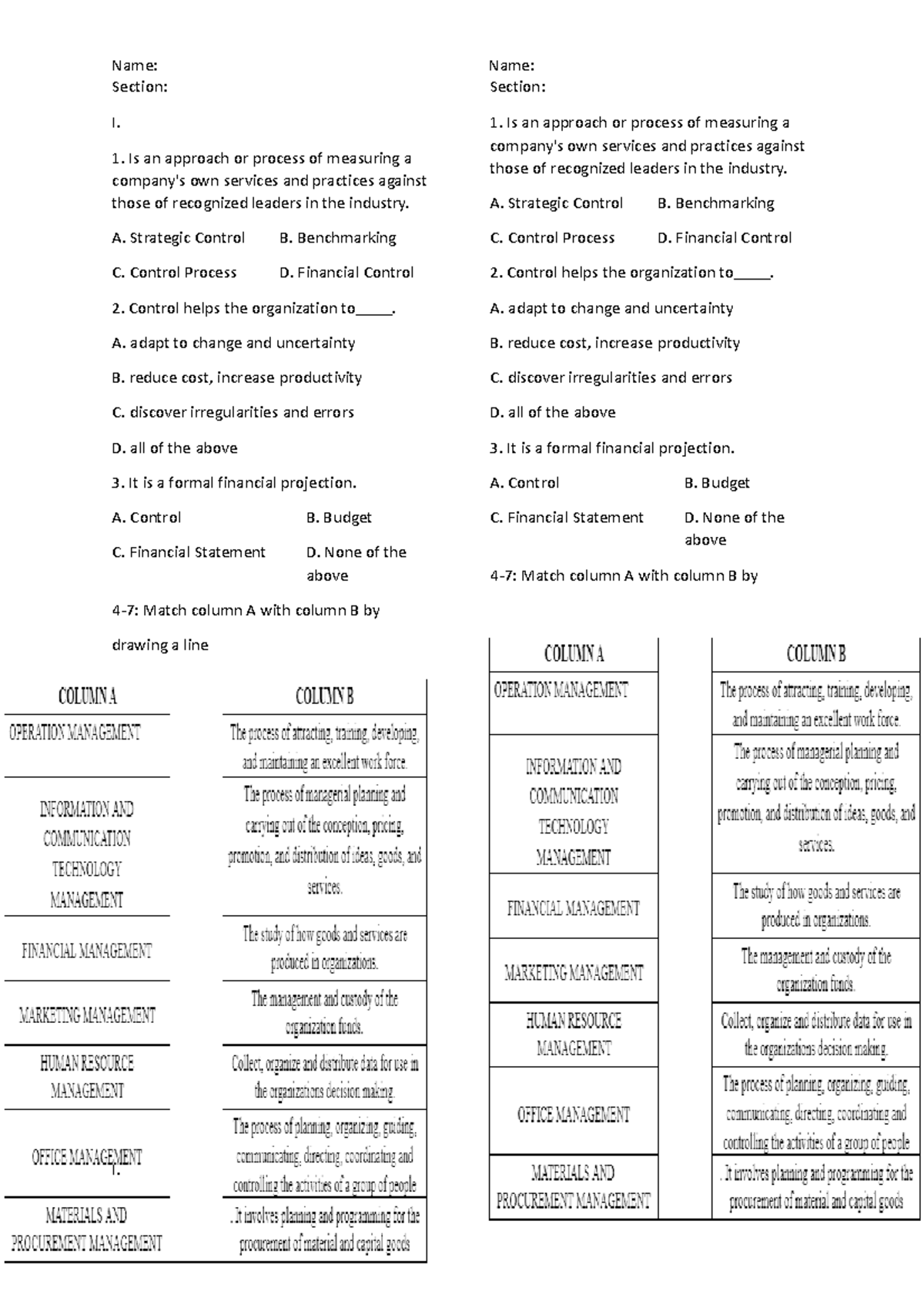 Org man 2023 quiz - quiz - Name: Name: Section: Section: I. Is an ...