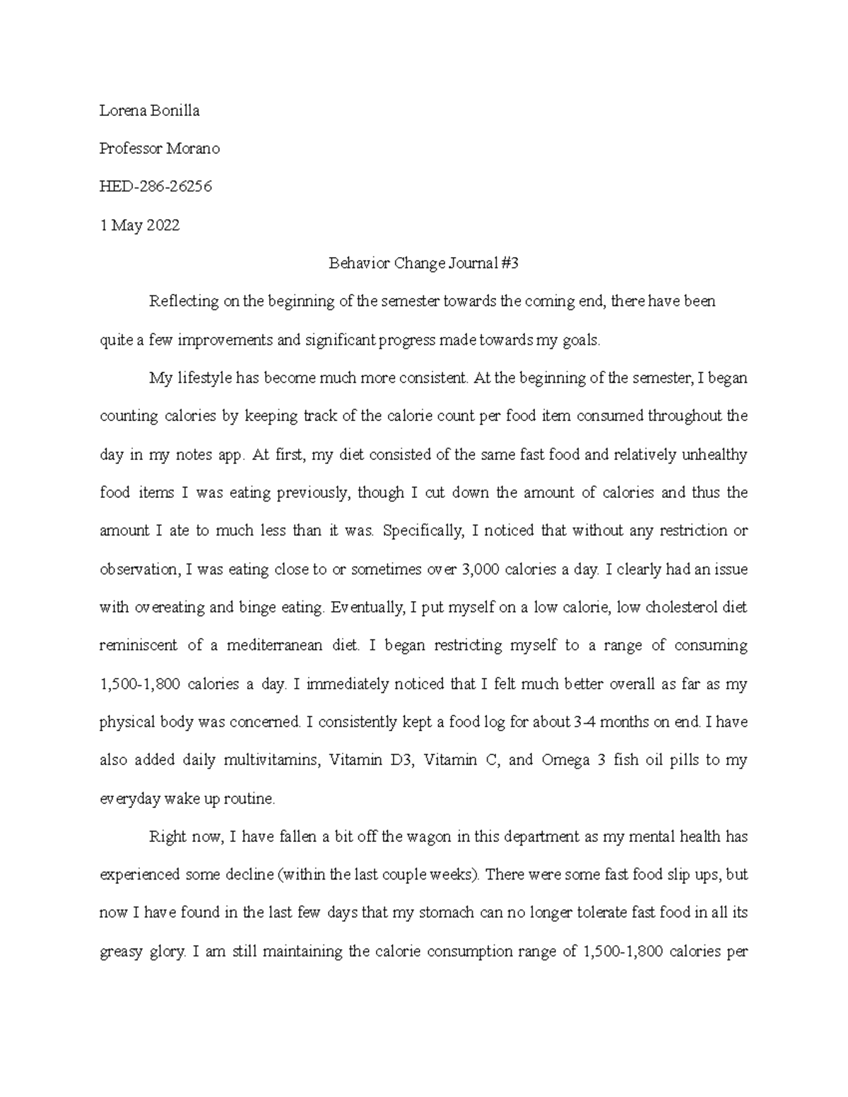 HED Behavior Change Journal Entry #3 - Lorena Bonilla Professor Morano ...