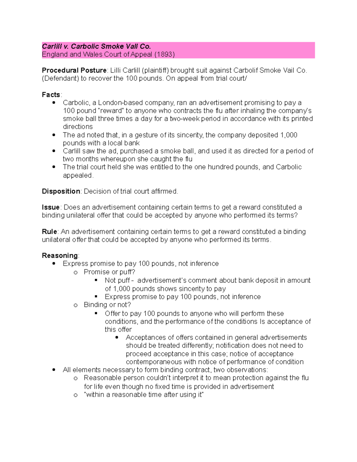 Carlill v. Carbolic Smoke Vall Co. case brief Carlill v. Carbolic