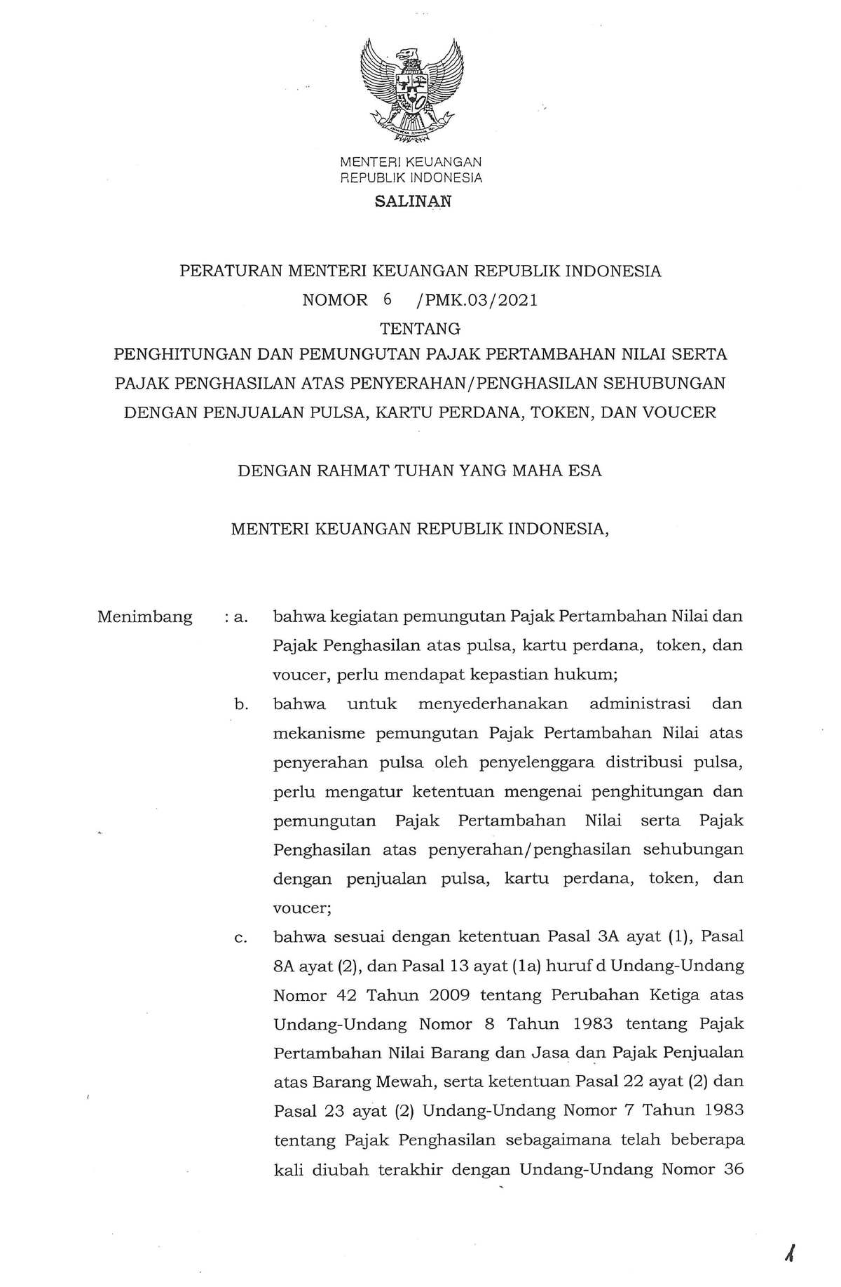 6 PMK - Peraturan Menteri Keuangan 03 2021 - MENTERIKEUANGAN REPUBLIK ...