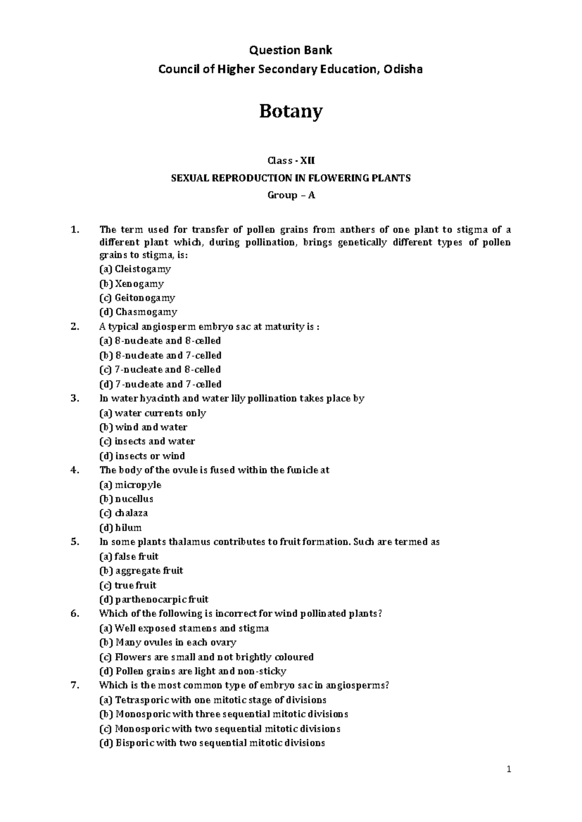Botany Qn Bank - Sexual Reproduction in Flowering plants question bank ...