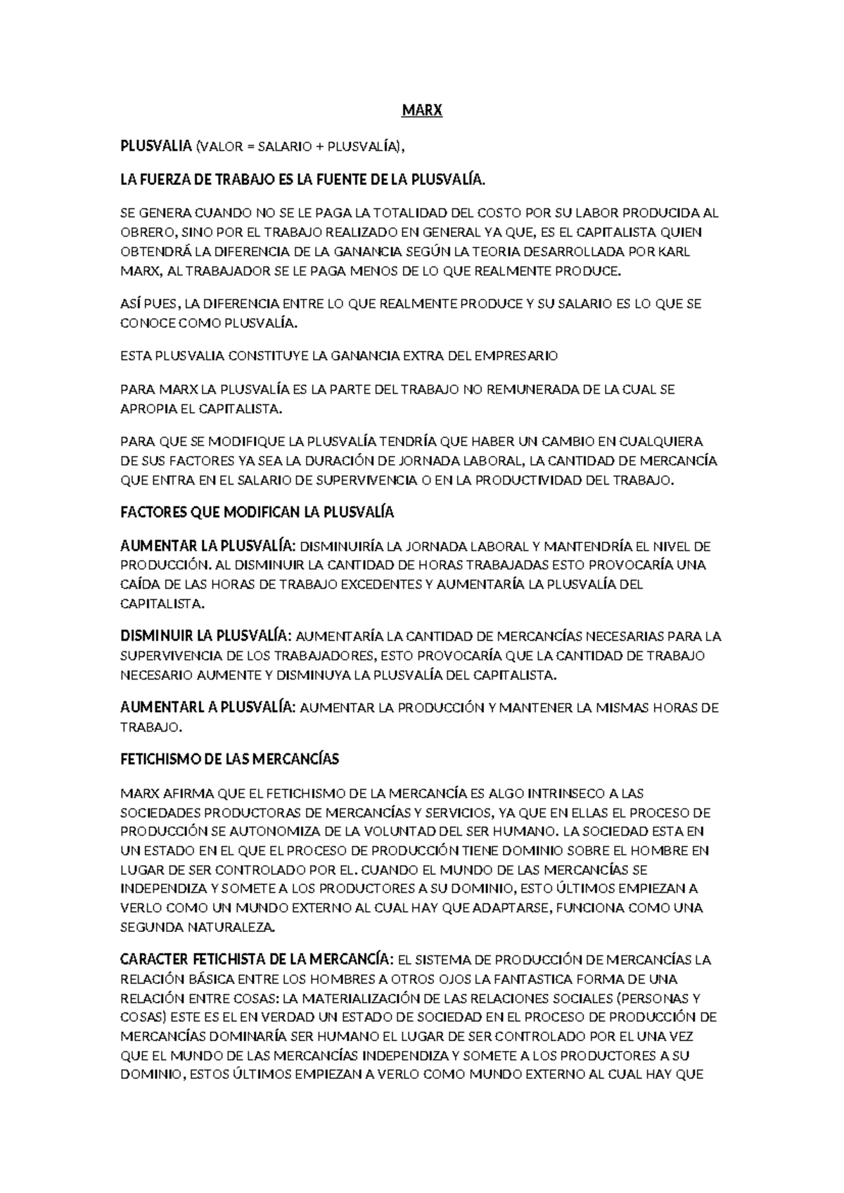MARX Resumen 09 - MARX PLUSVALIA (VALOR = SALARIO + PLUSVALÍA), LA ...