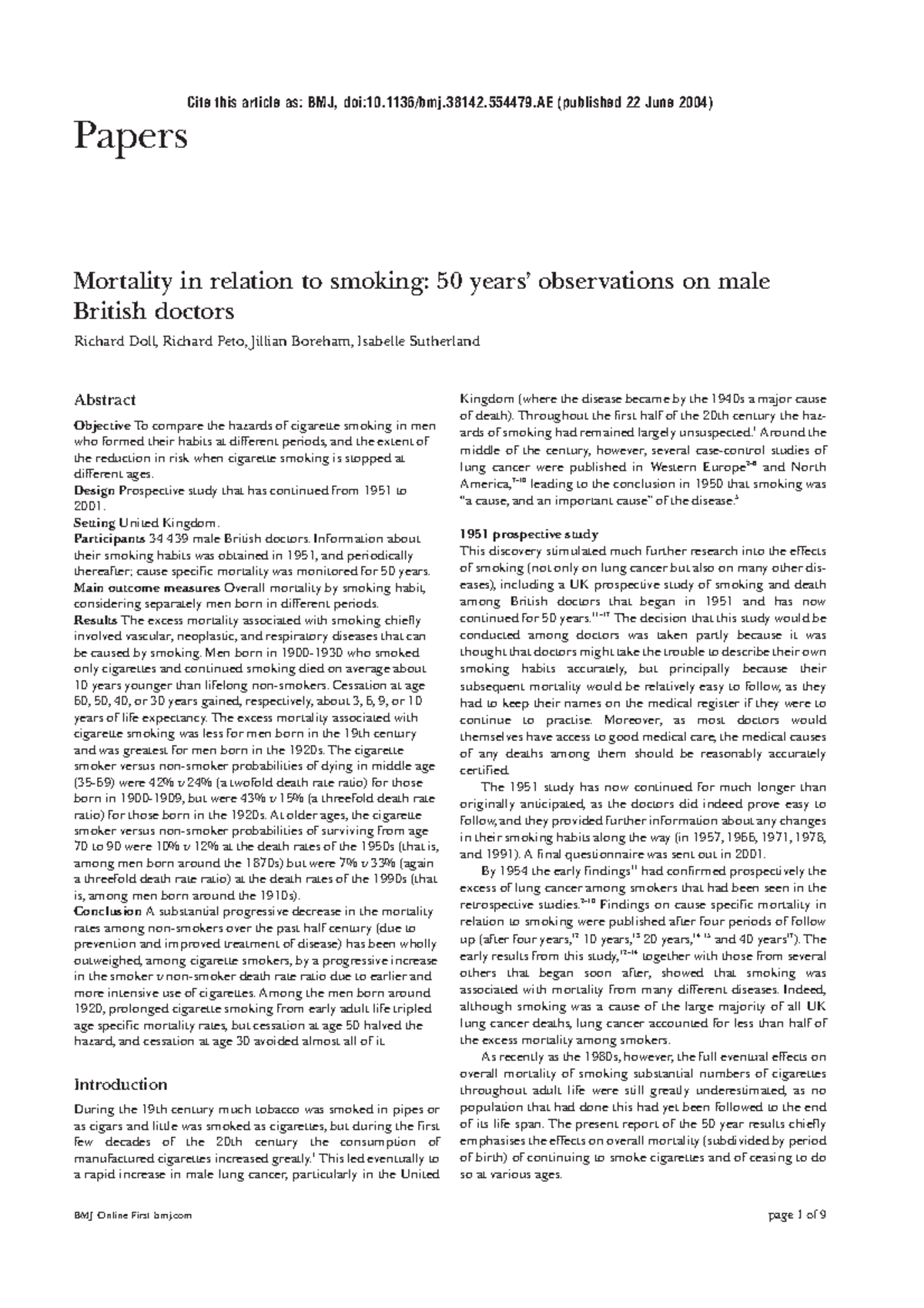 Lab 1 Doll et al. 2004 BMJ - Papers Mortality in relation to smoking ...