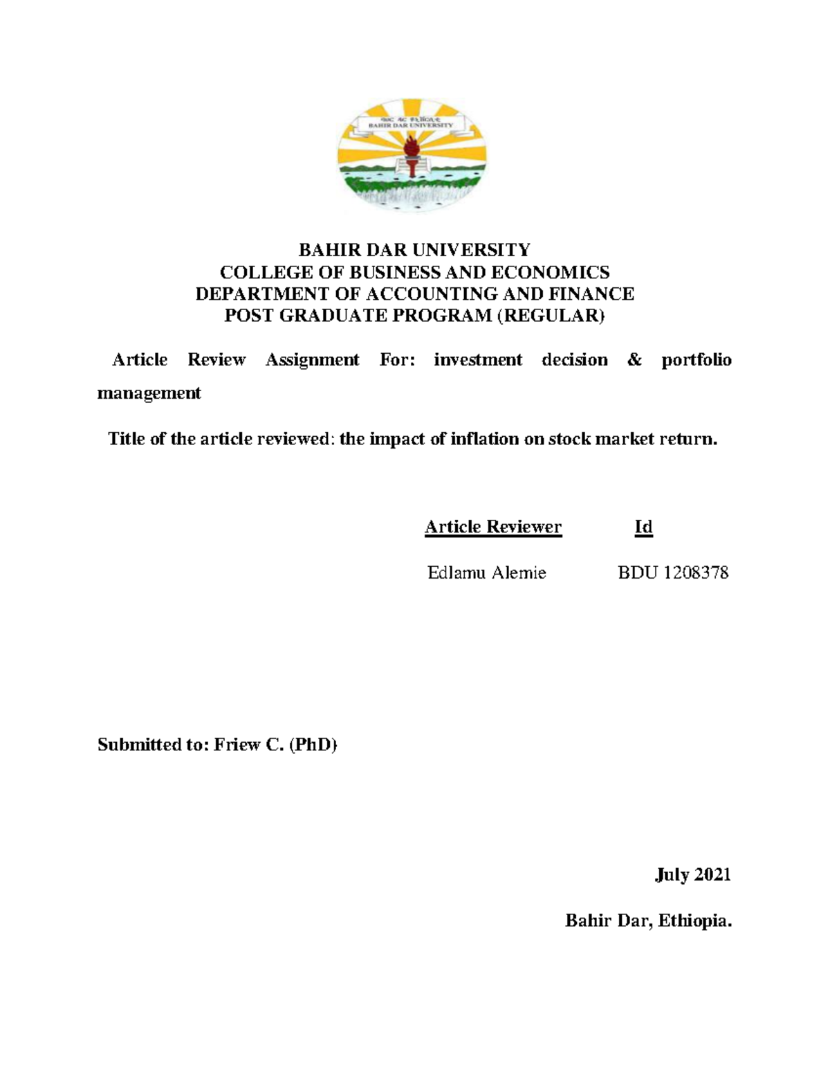 Individual assignment-2021 edu - BAHIR DAR UNIVERSITY COLLEGE OF ...