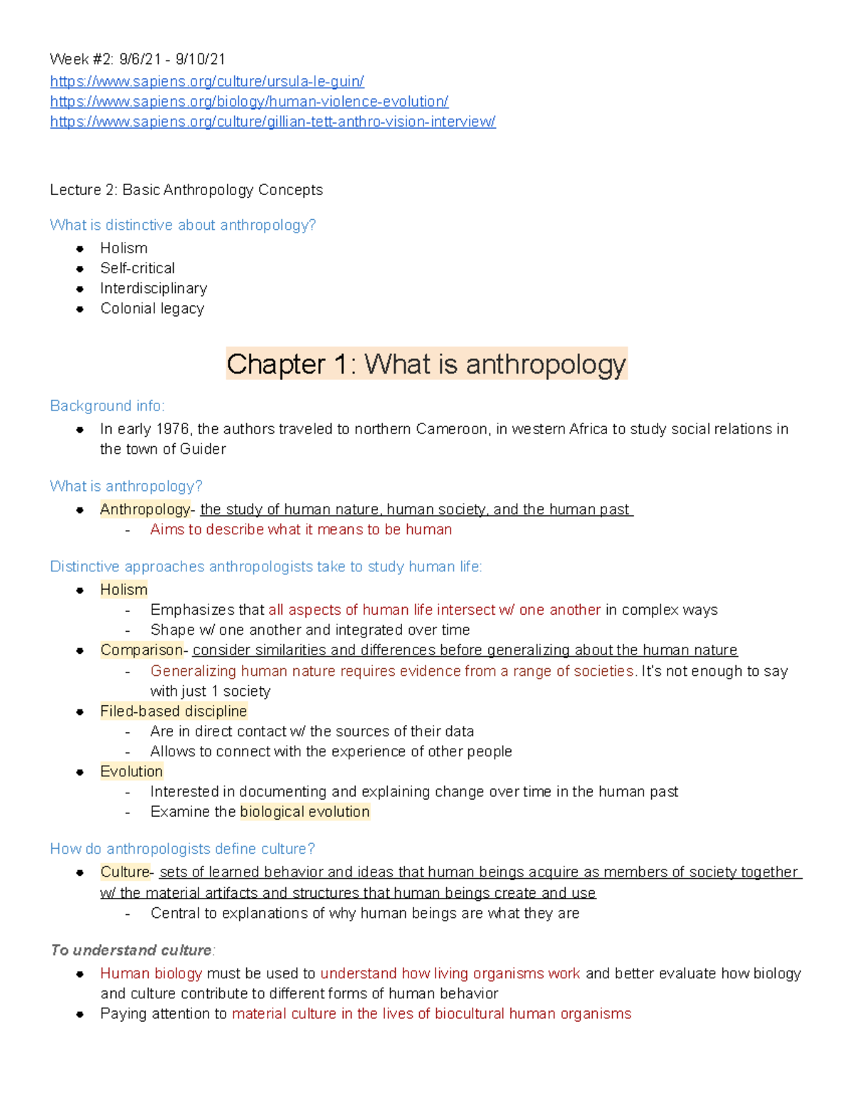 Anth 10100 - Stuart Rockefeller - Week #2: 9/6/21 - 9/10/ sapiens ...