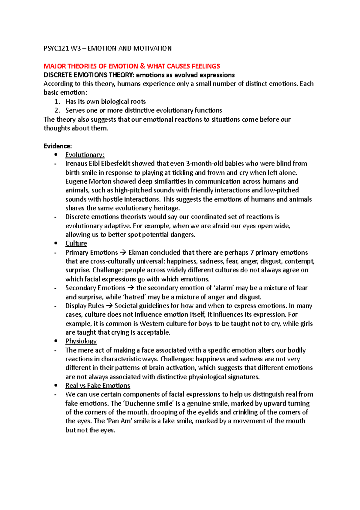 PSYC121 W3 - Each Basic Emotion: 1. Has Its Own Biological Roots 2 ...