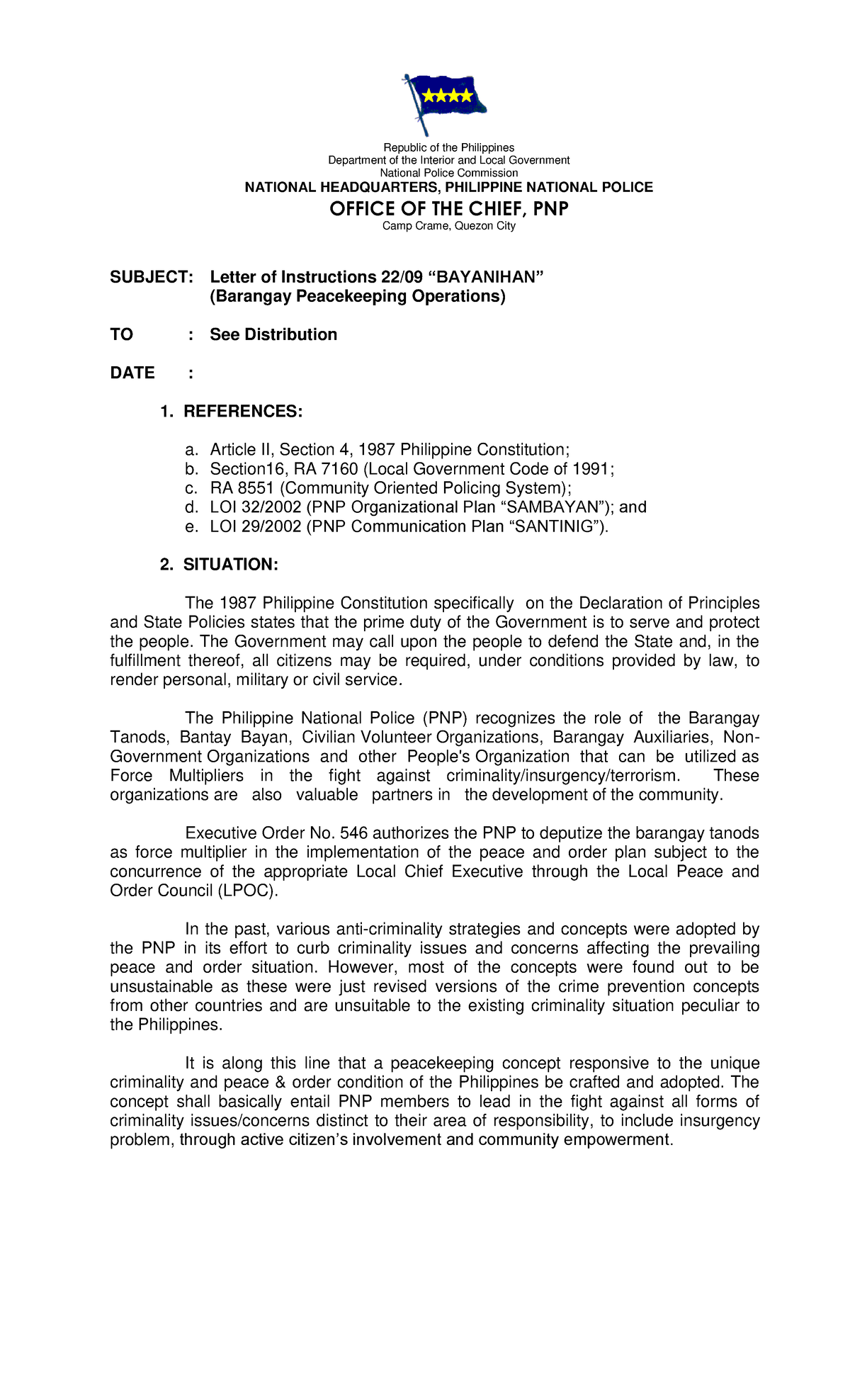 LOI Bayanihan (PCR) REVIEWER SUBJECT Letter of Instructions 22/09