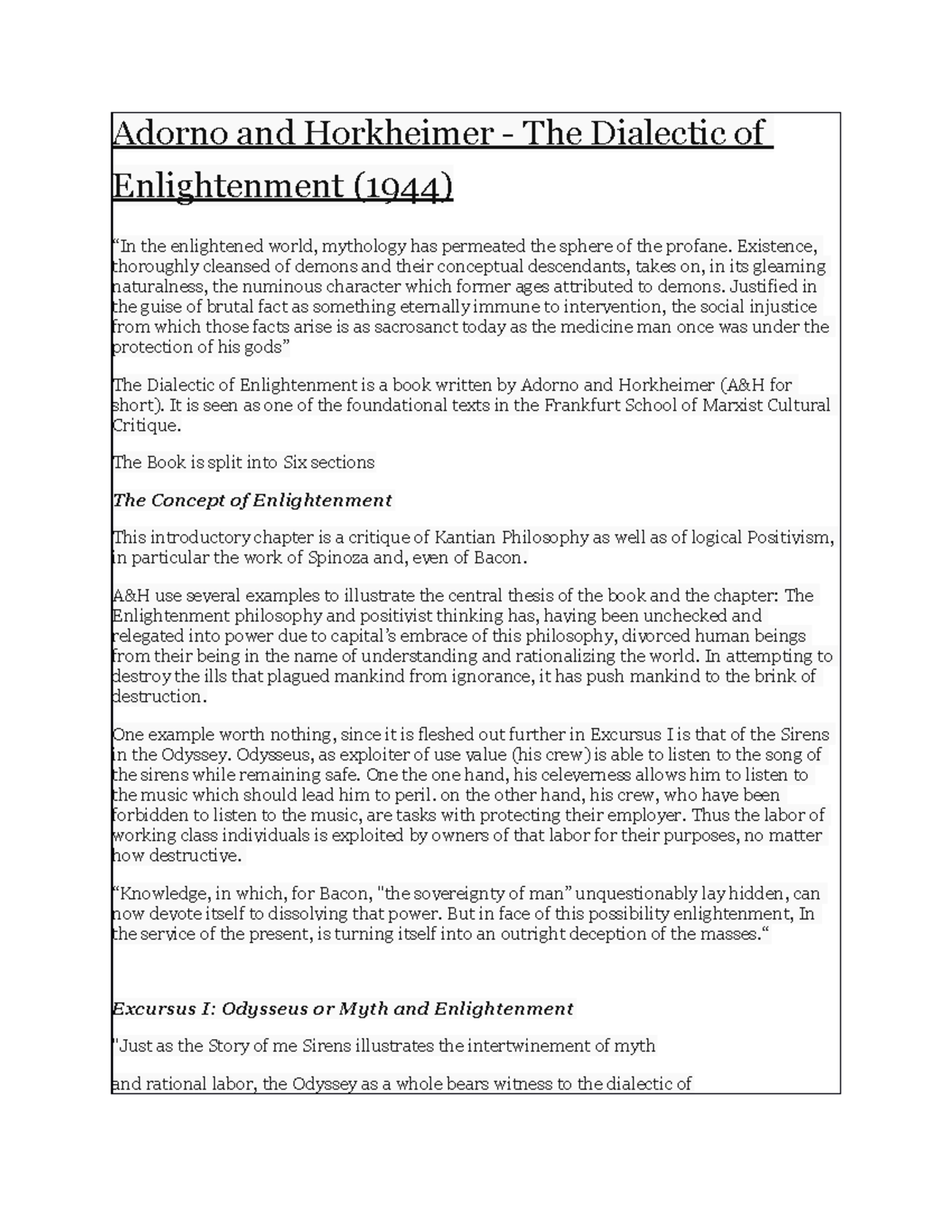 Summary Dialectic of Enlightenment 3 Adorno and Horkheimer The