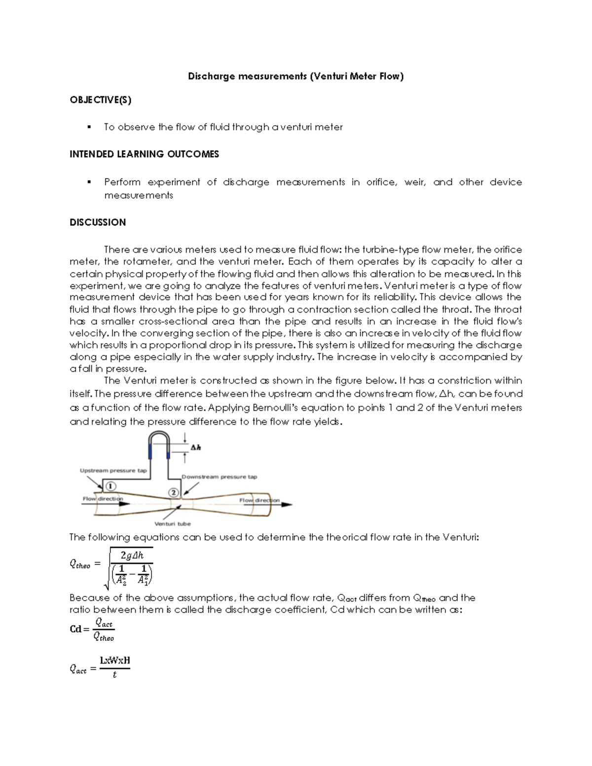 Discharge measurements (Venturi Meter Flow) Lab Report Discharge measurements (Venturi Meter