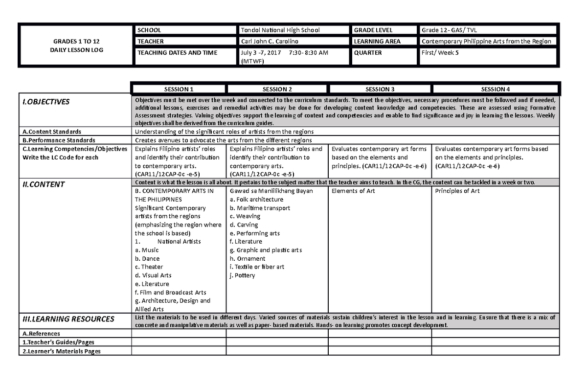 CAR DLL July 3- 7, 2017 Grade 12 - GRADES 1 TO 12 DAILY LESSON LOG ...