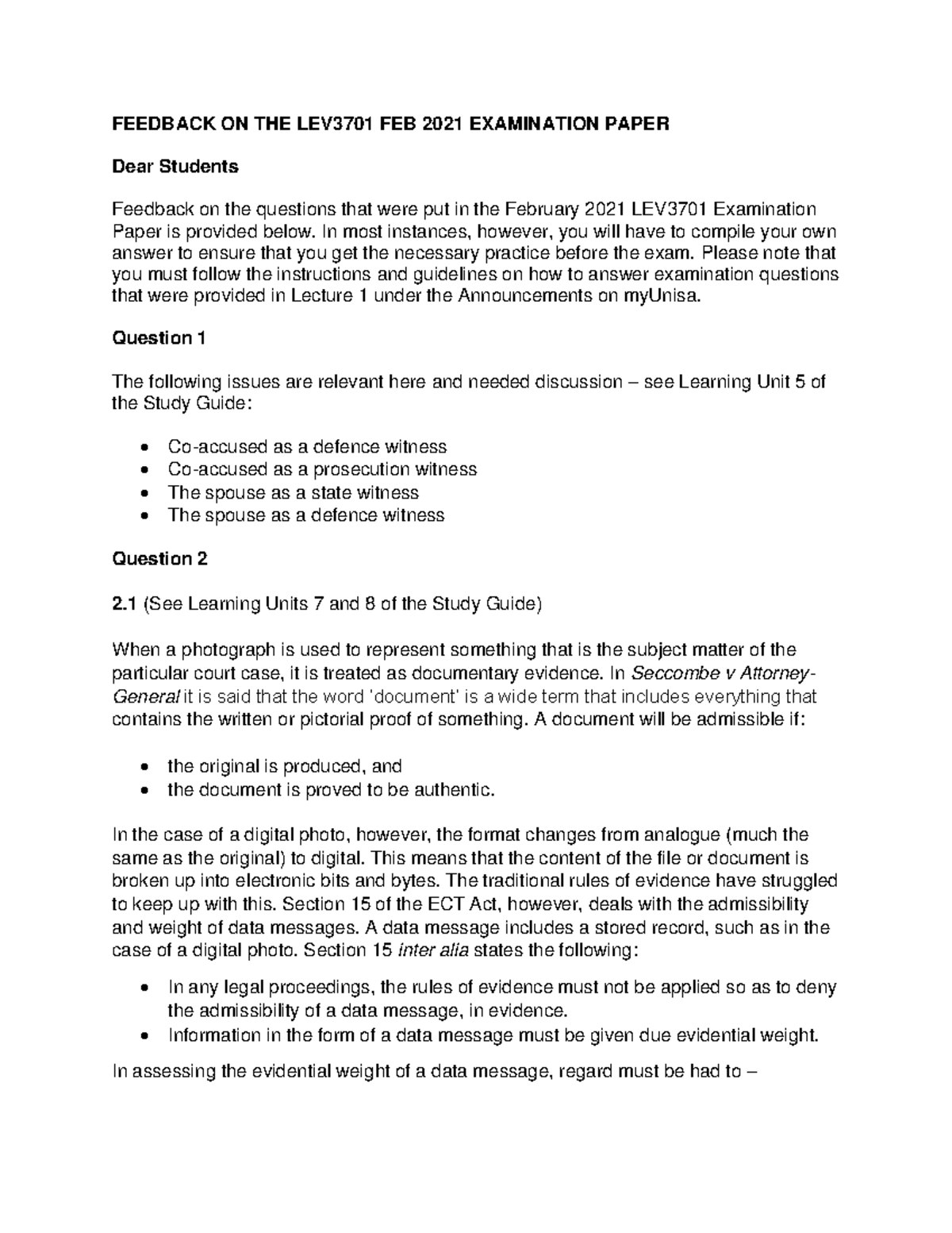 LEV3701-Law Of Evidence Feb2021 Examination Feedback. - FEEDBACK ON THE ...