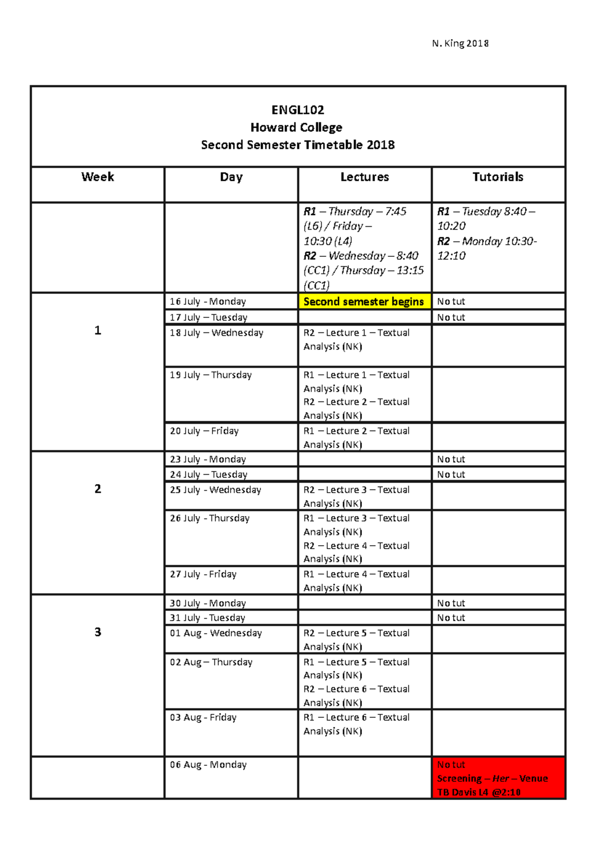 ENGL102 timetable 20181 (2) ENGL Howard College Second Semester