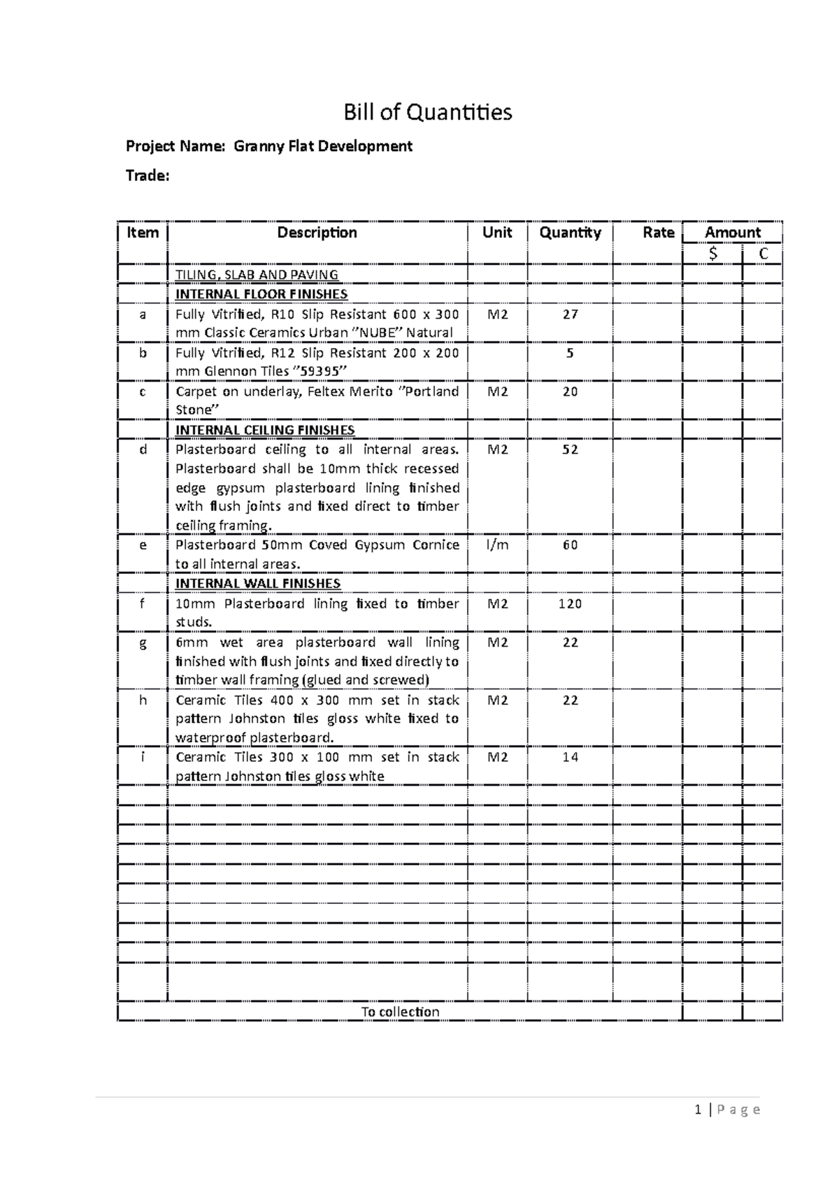 Bo Q template(2) - notes - Bill of Quantities Project Name: Granny Flat ...