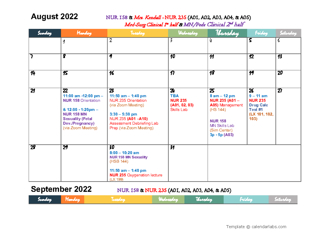 A03 calendar - August 2022 NUR 158 & Mrs. Kendall - NUR 235 (A 01 , A ...