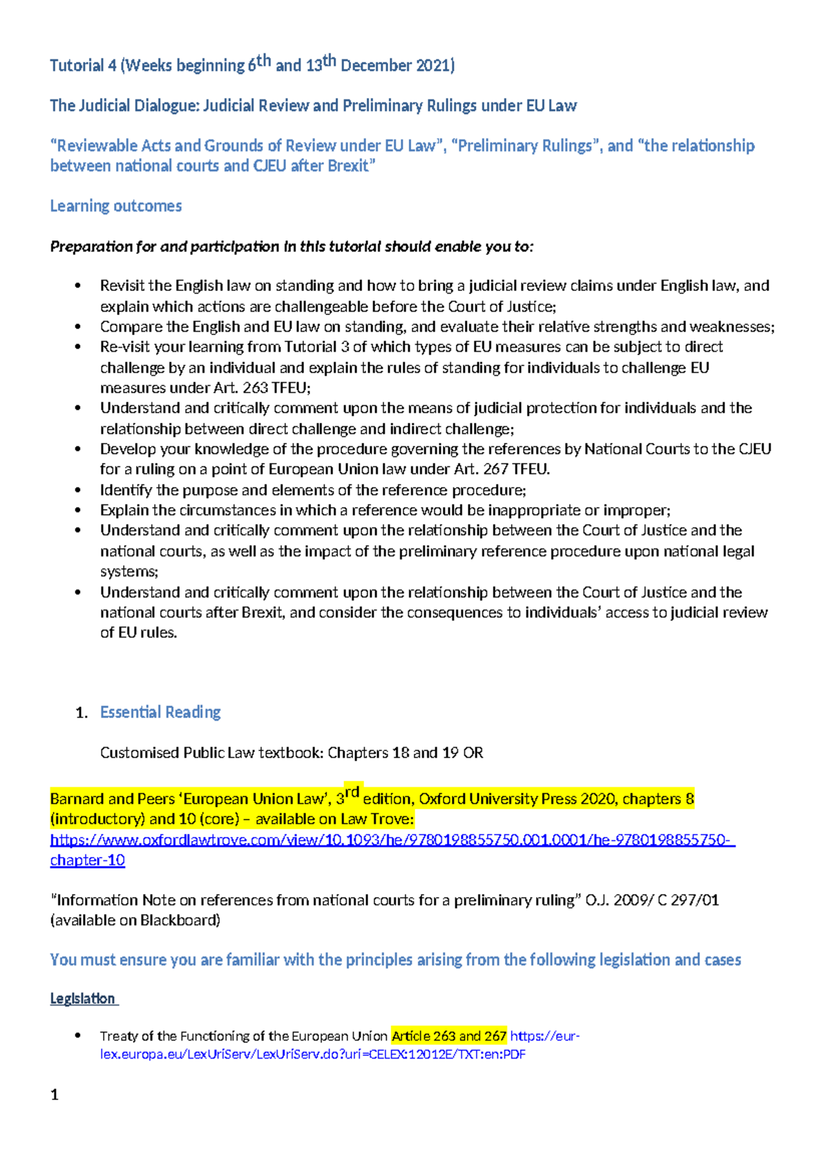 Tutorial 4 EU Judicial review and preliminary rulings 2021 - Tutorial 4 ...