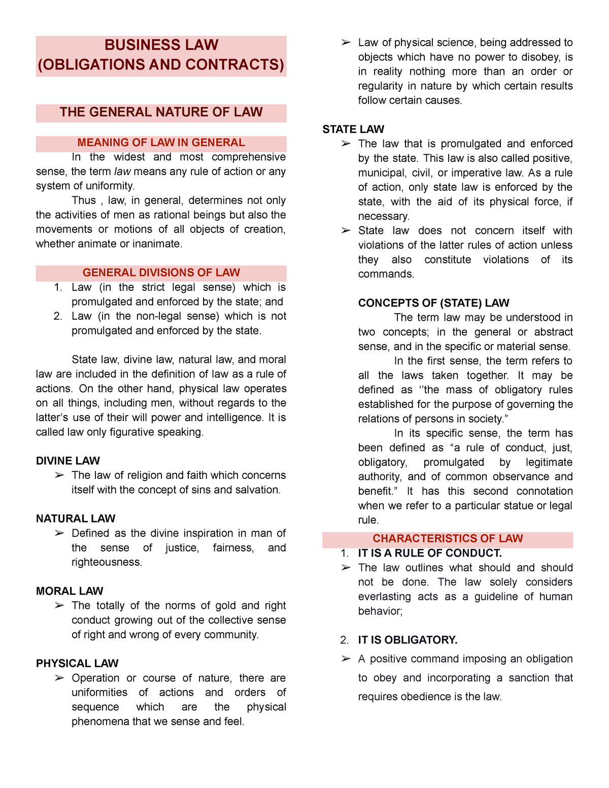 Notes ACL101 - Bshajjshdhshsjdhhdd - BUSINESS LAW (OBLIGATIONS AND ...