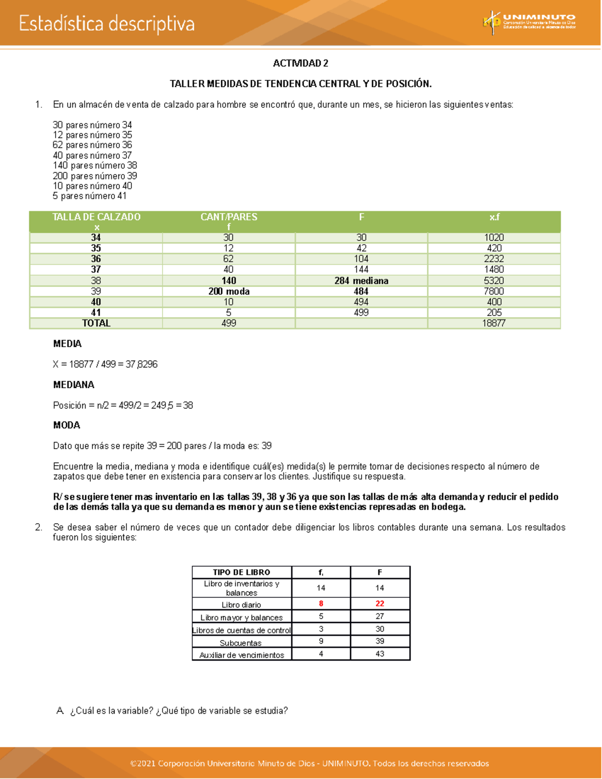 Actividad Estadistica Descriptiva - ACTIVIDAD 2 TALLER MEDIDAS DE ...