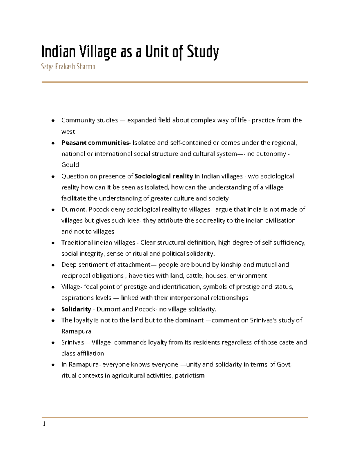 Indian Villages as a unit of Study Indian Village as a Unit of Study