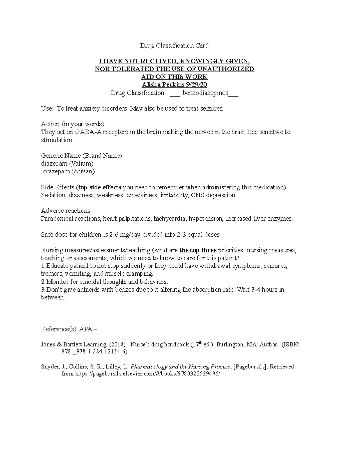 Benzodiazepines Drug Classification Car1 - Drug Classification Card I ...