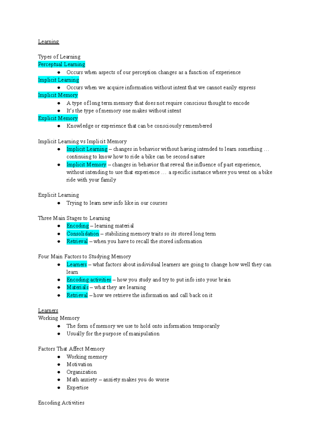 PSYC 100 WEEK 4 - Week 4 notes - Learning Types of Learning Perceptual ...