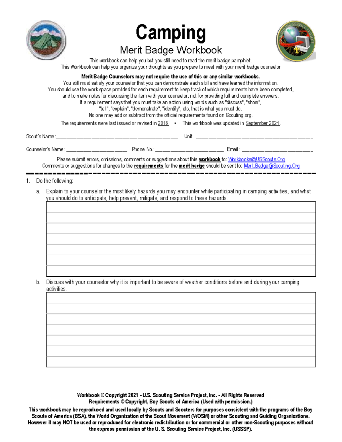 Camping Aadwadawd Camping Merit Badge Workbook This Workbook Can