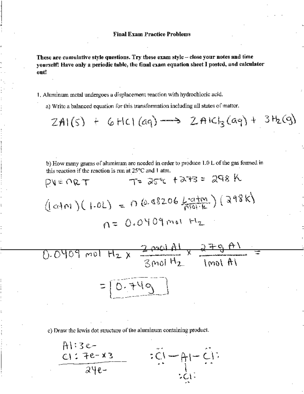 Final Exam Practice Problems Answer Key - Final Exam Practice Problems ...