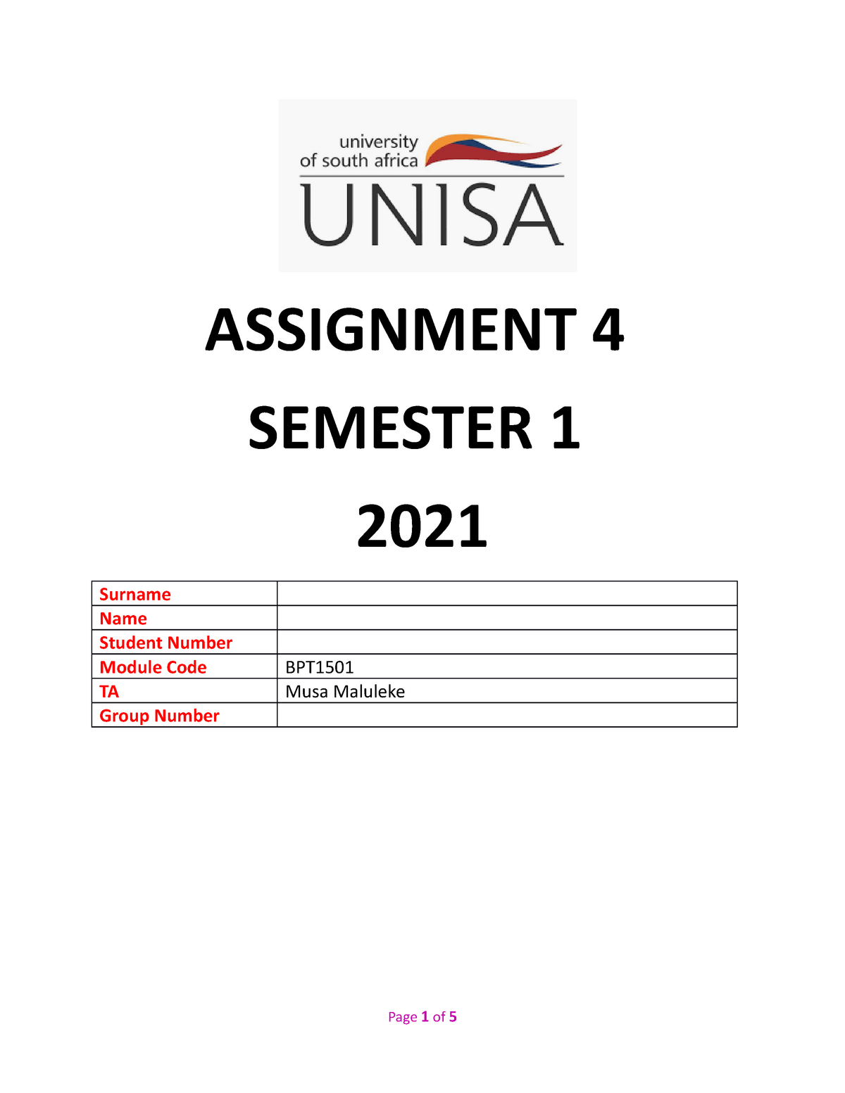 unisa typed assignment format