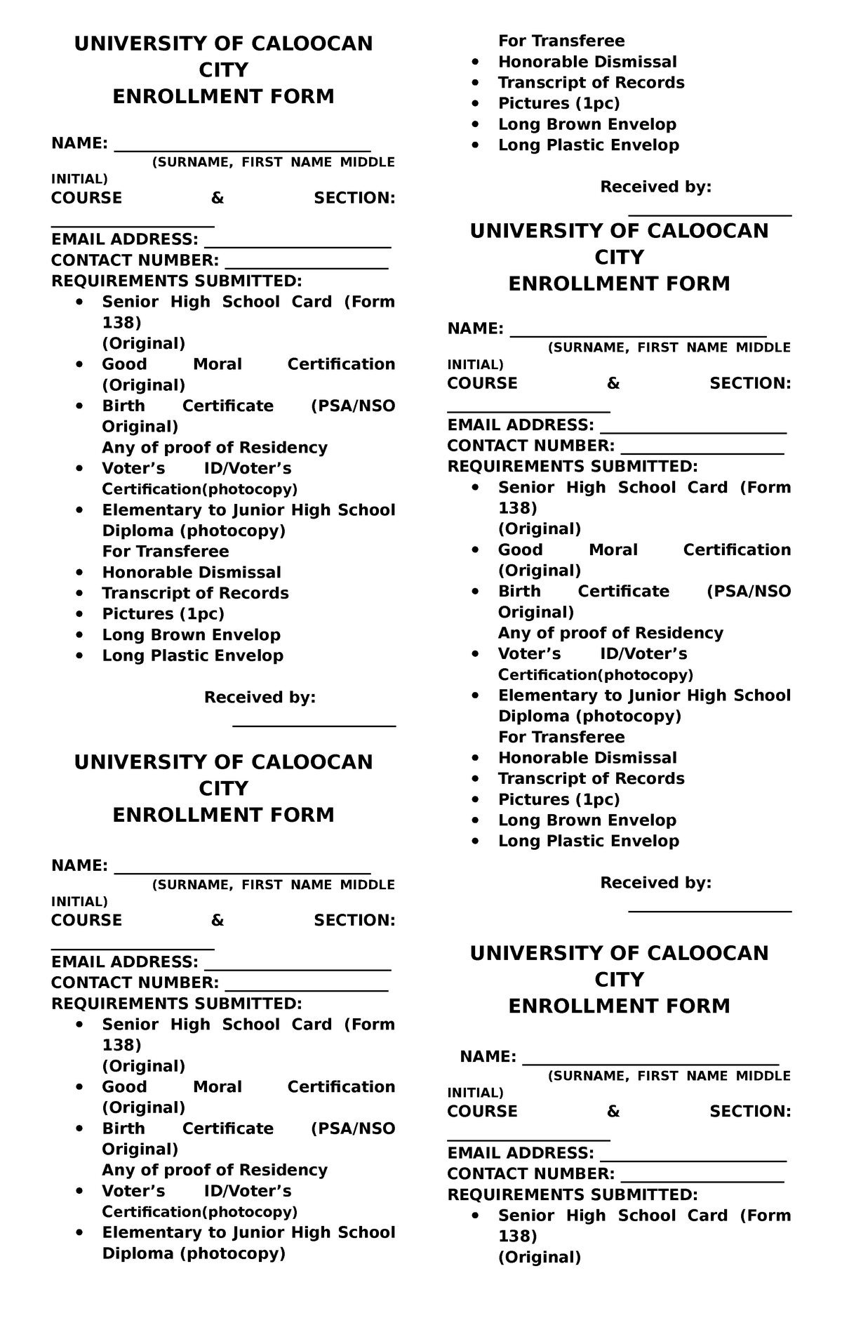 University Of Caloocan City- Enrollment- REQUIRED FORM UPON ENROLLMENT ...