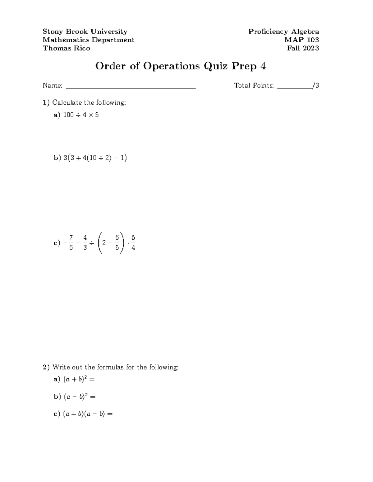 MAP 103 Quiz Prep 4 Fall 2023 Draft 1 - MAP 103 - Stony Brook ...