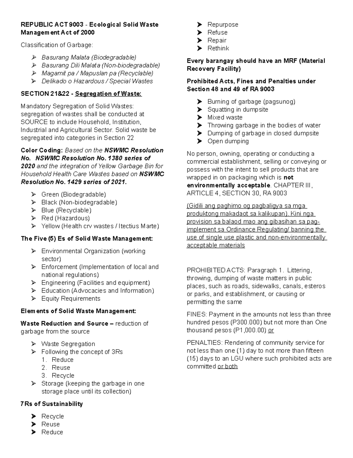 Republic ACT 9003 REPUBLIC ACT 9003 Ecological Solid Waste