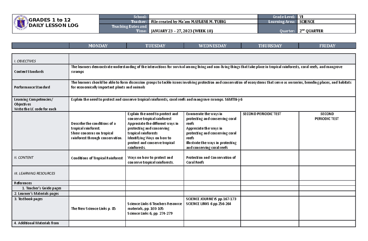 DLL Science 6 Q2 W10 - GRADES 1 to 12 DAILY LESSON LOG School: Grade ...