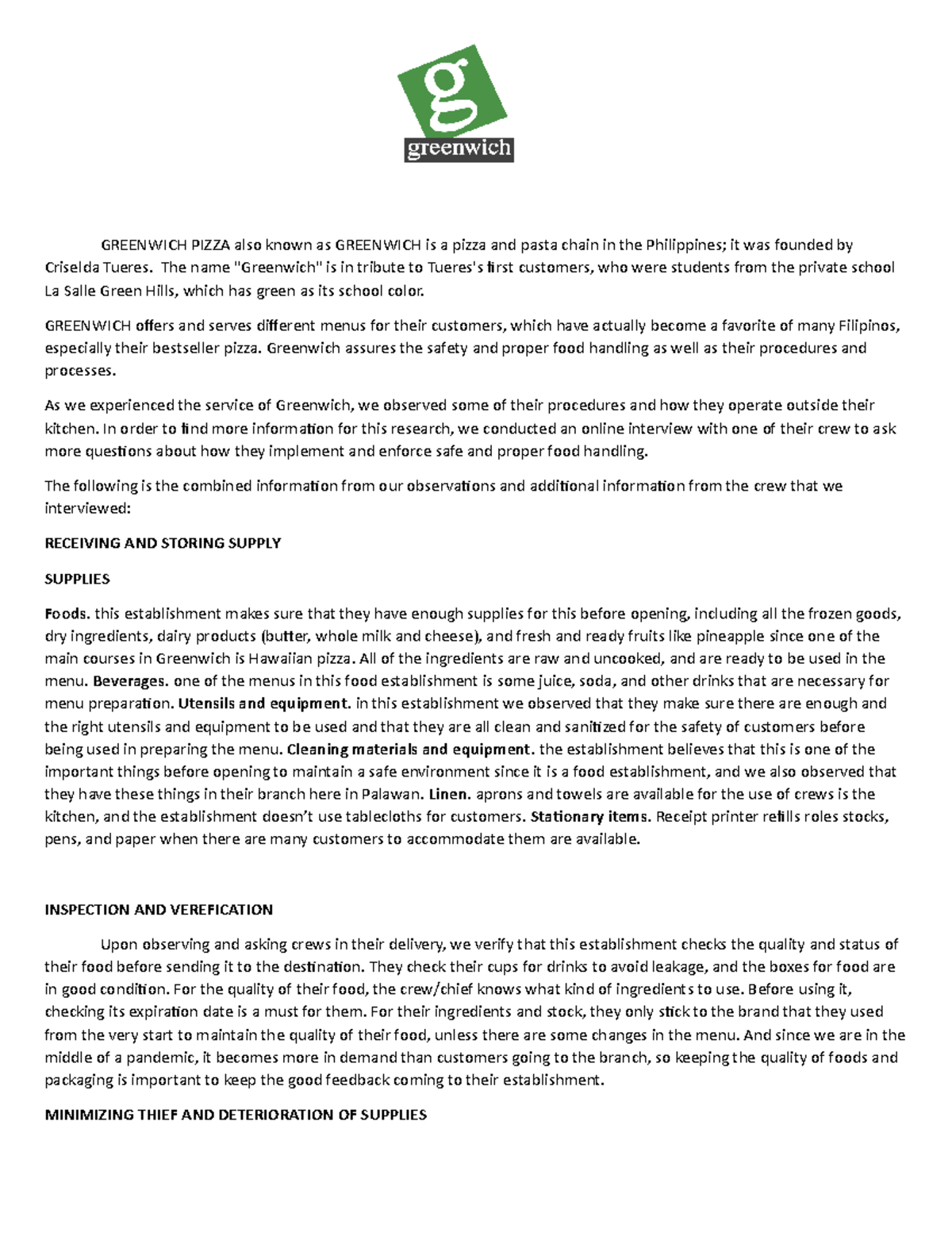 Greenwich Pizza RISK MANAGEMENT - GREENWICH PIZZA also known as